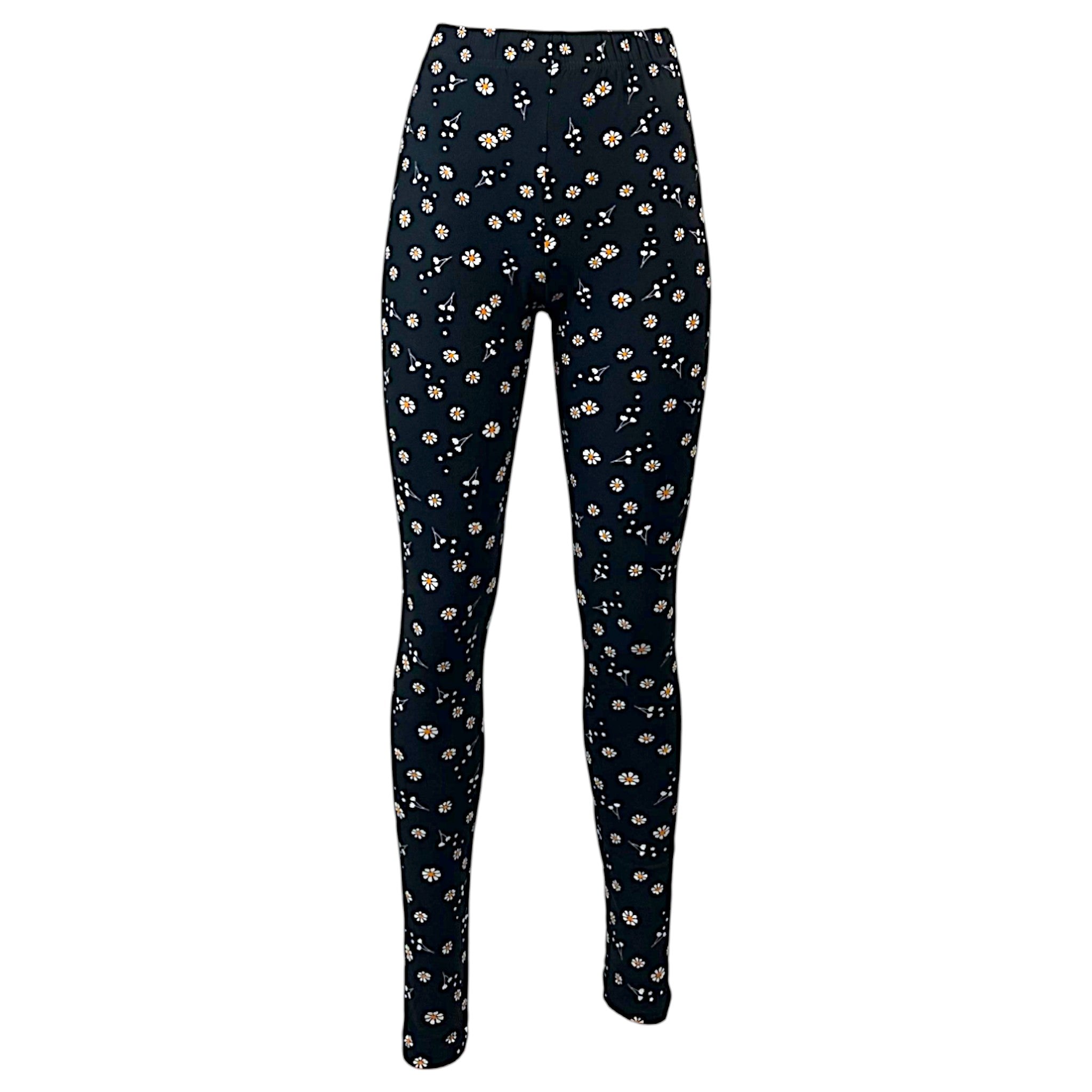 Women's black leggings with white daisy flower print – soft, stretchy floral print leggings for casual wear, yoga, and loungewear.